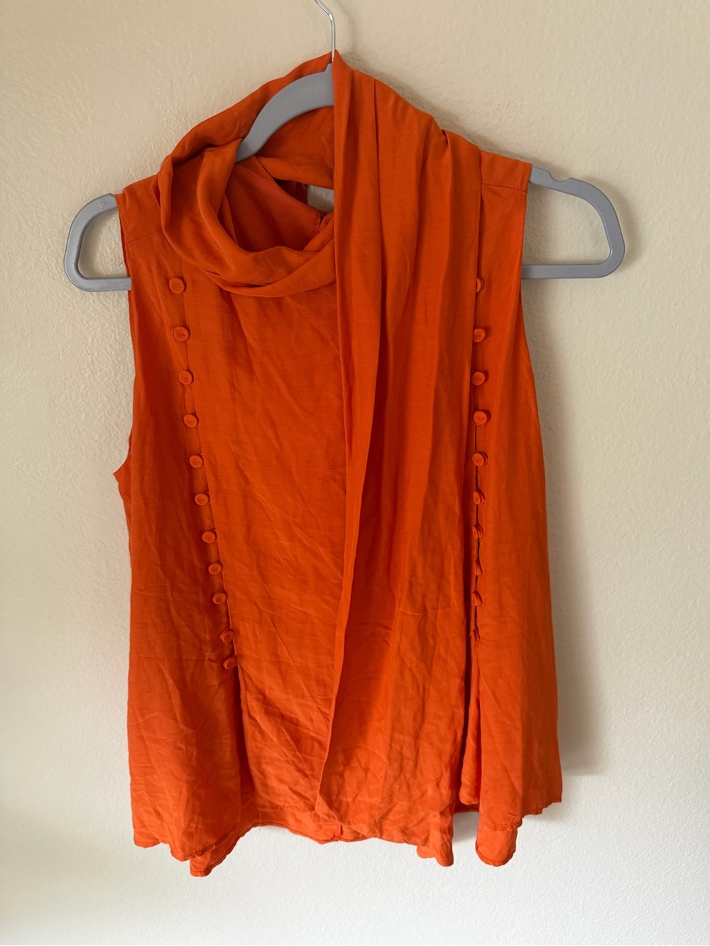 Sleeveless Orange Cowl Neck Blouse with Covered Button Trim